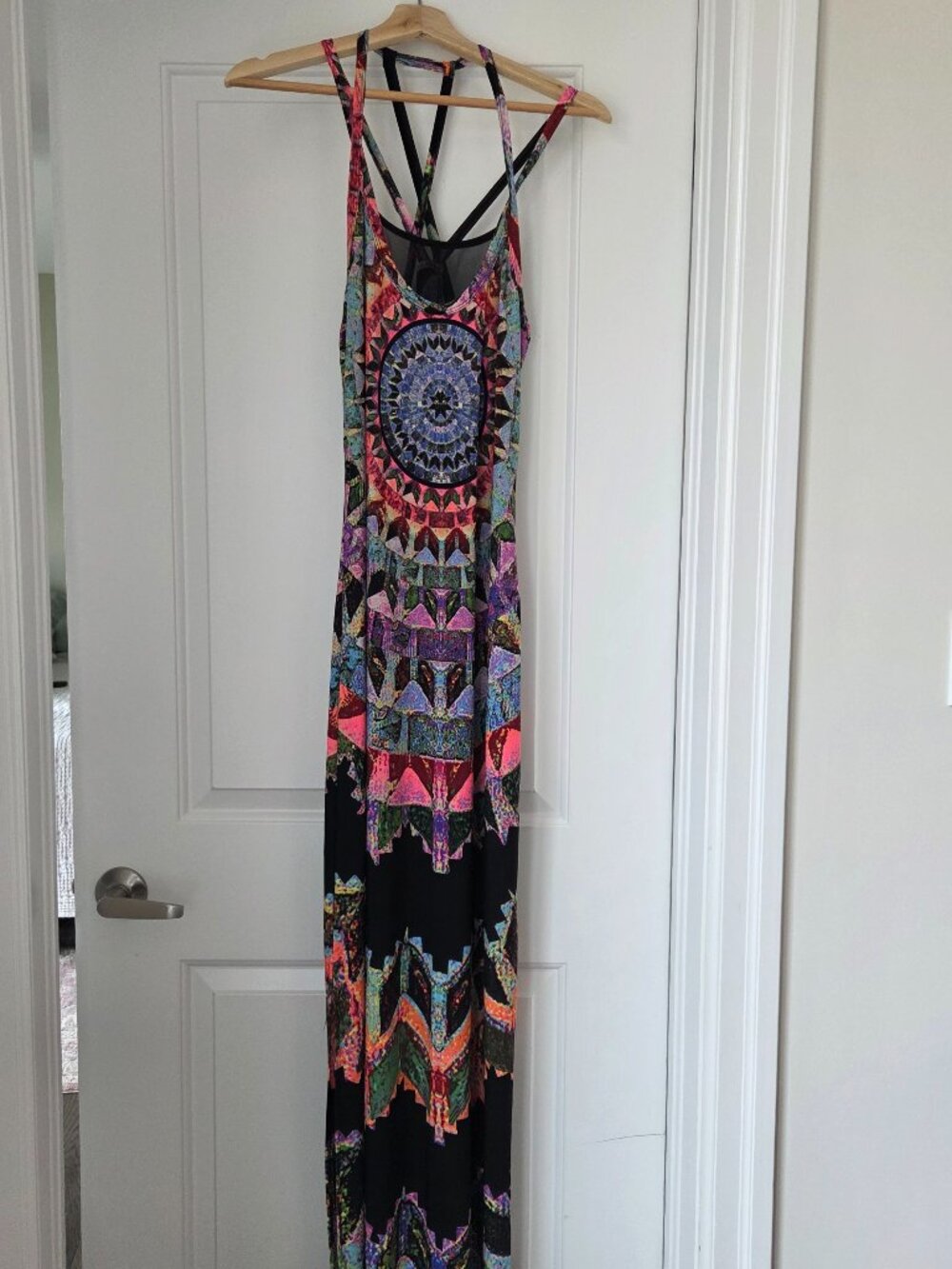 Resort beach wear maxi dress black with vibrant colours Size L (small/med)